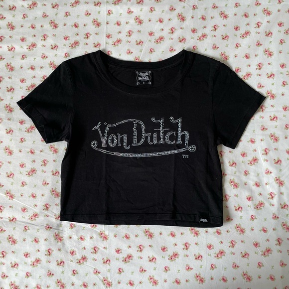VON DUTCH - Black Rhinestone Cropped Tshirt Top - Picture 4 of 5